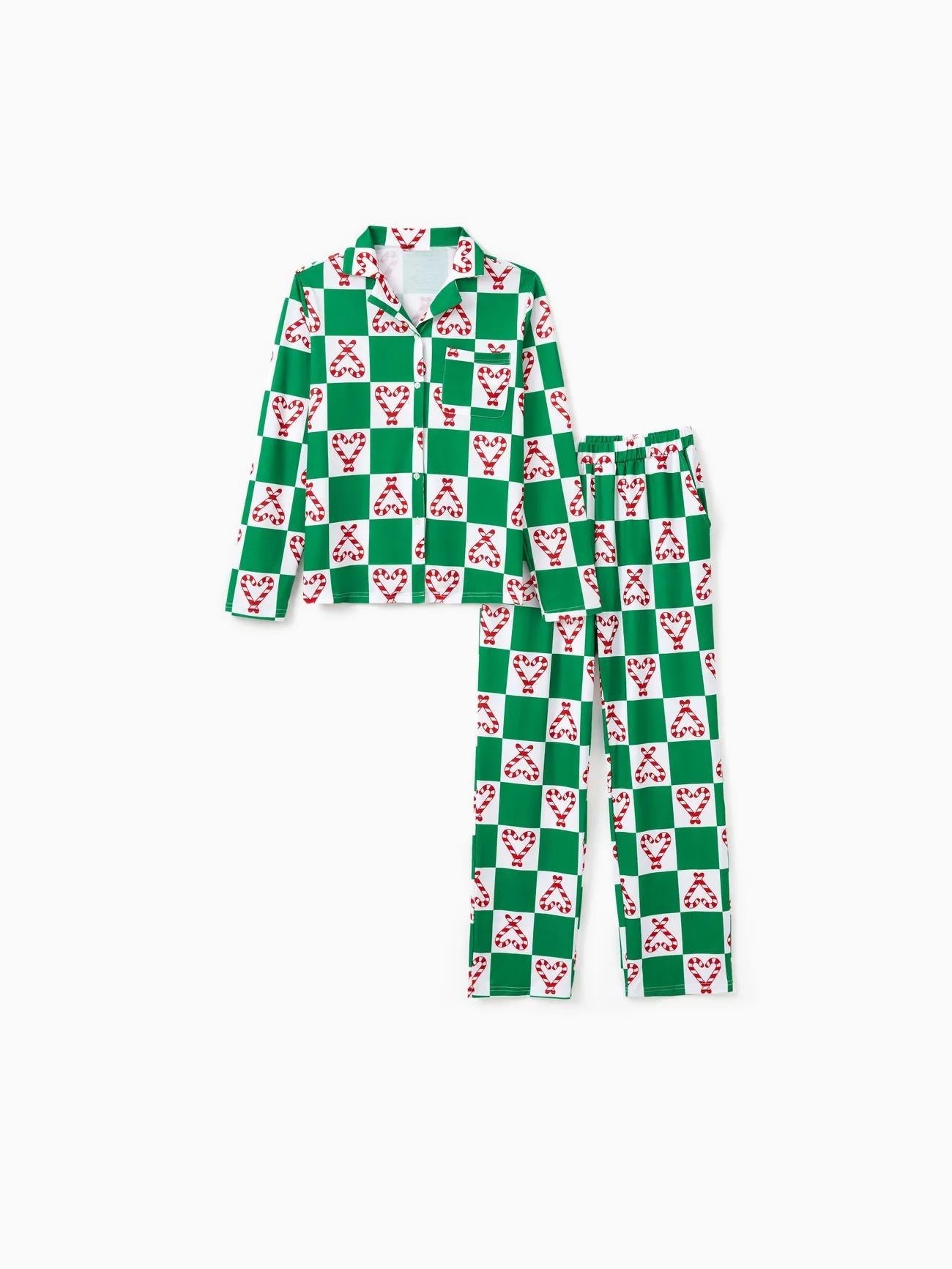 Printed Family Christmas Candy Cane Design Collared Pajama Set-Original Pajamas