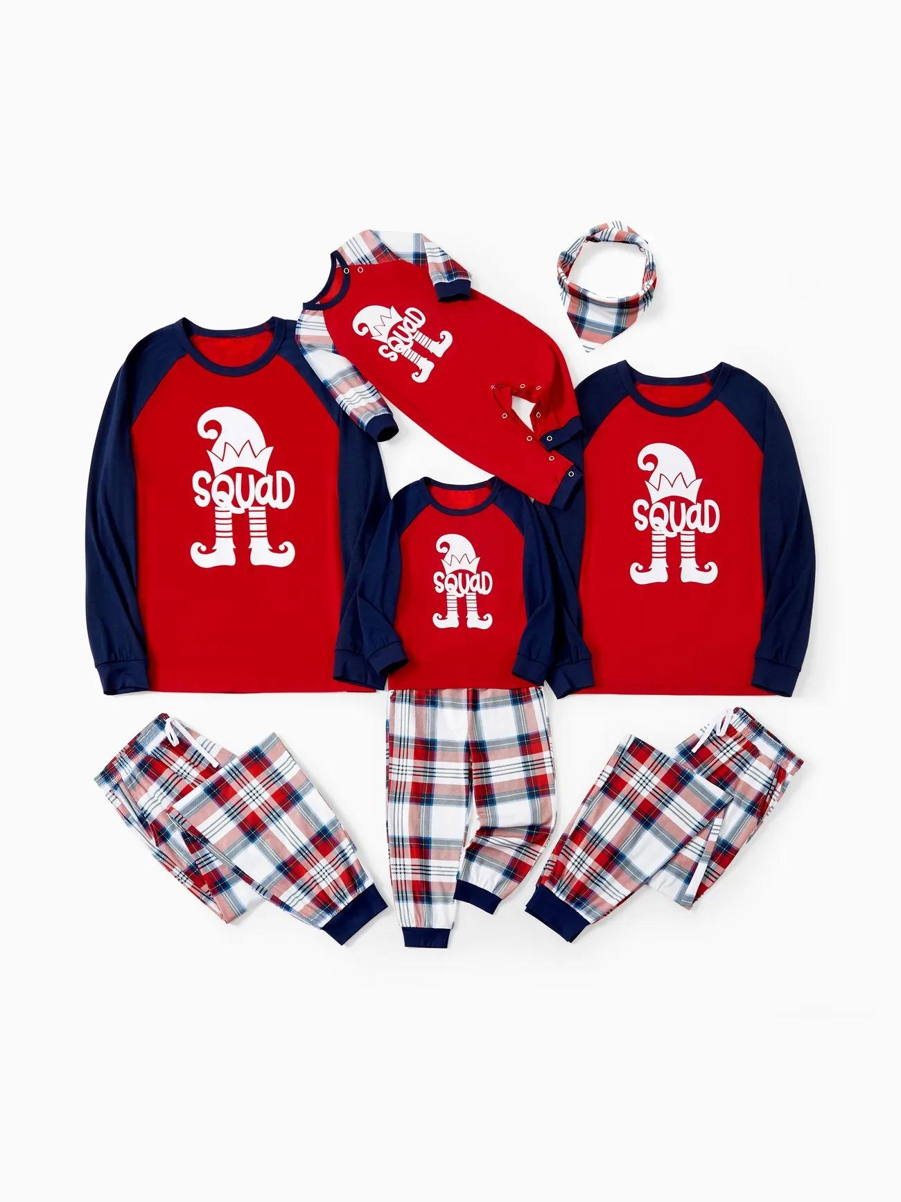 Family Christmas Printed Elf Squad Raglan Top And Plaid Pajama Set-Original Pajamas