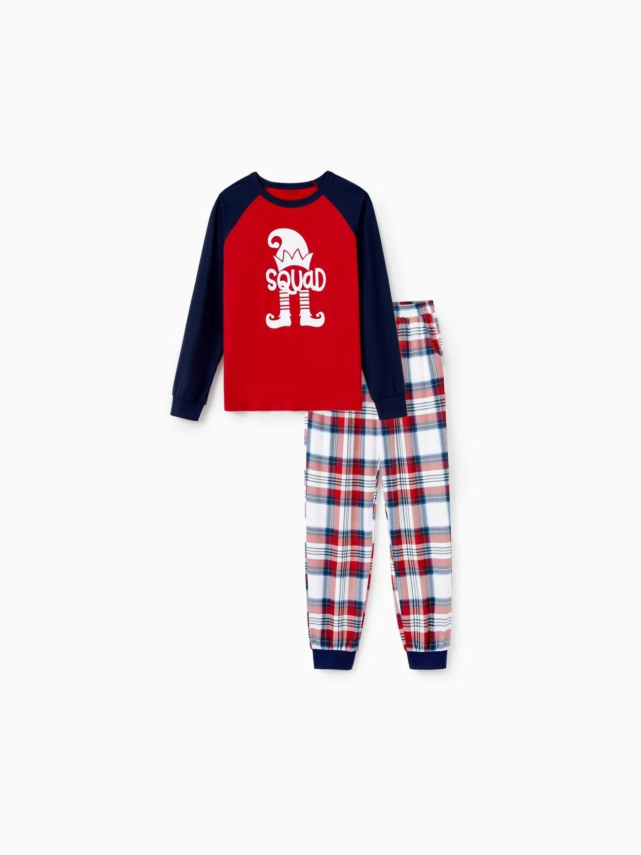 Family Christmas Printed Elf Squad Raglan Top And Plaid Pajama Set-Original Pajamas