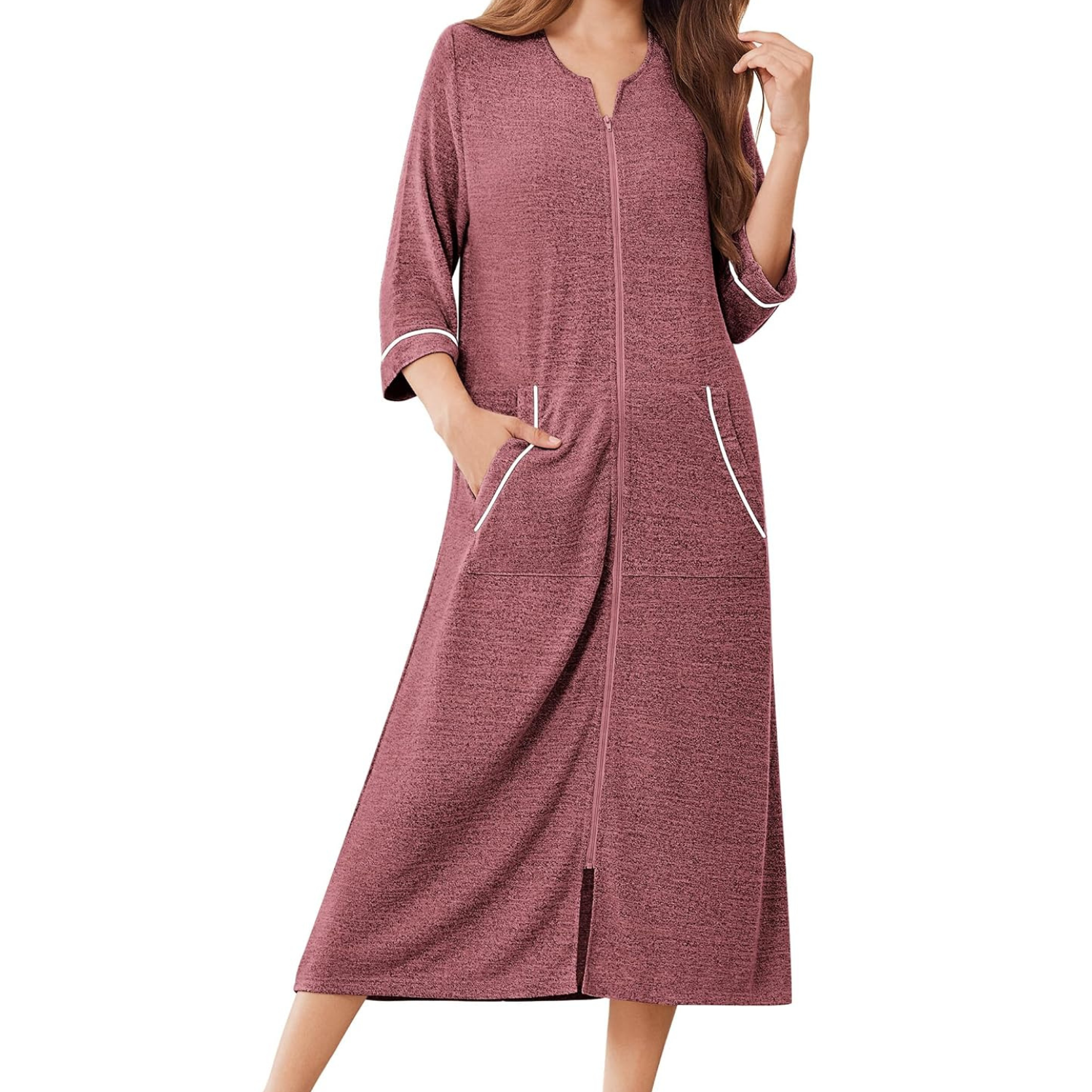 Lightweight Housecoat Robe With Zipper And Pockets For Women
