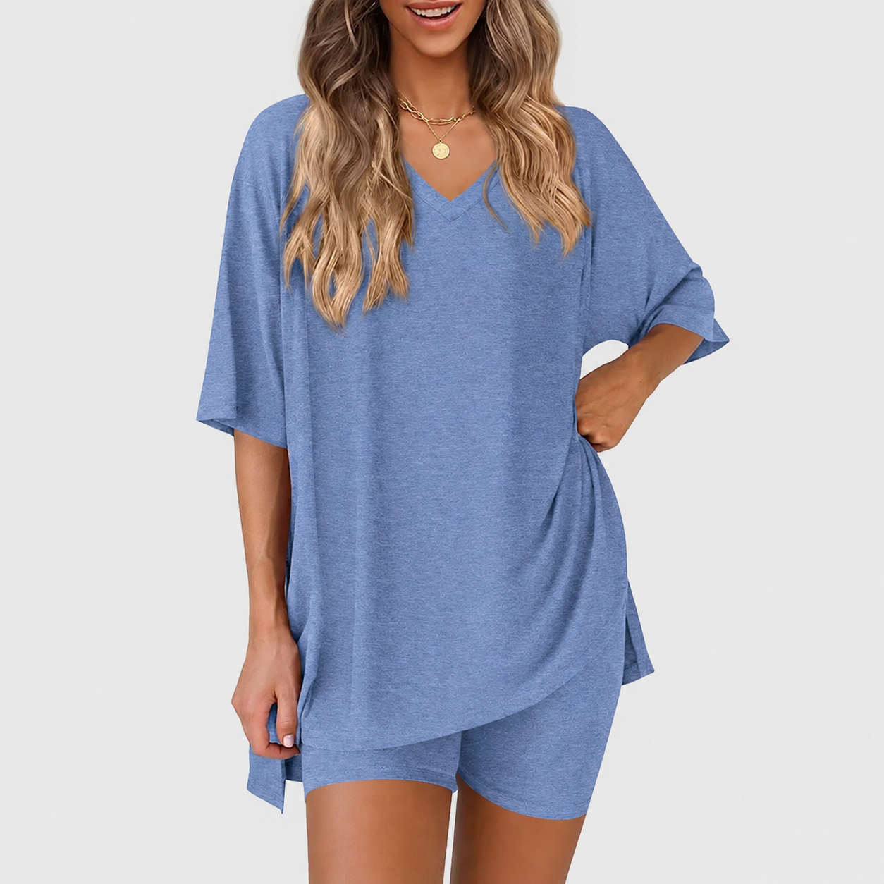 Casual Solid 2 Piece Loungewear Set Shorts For Women