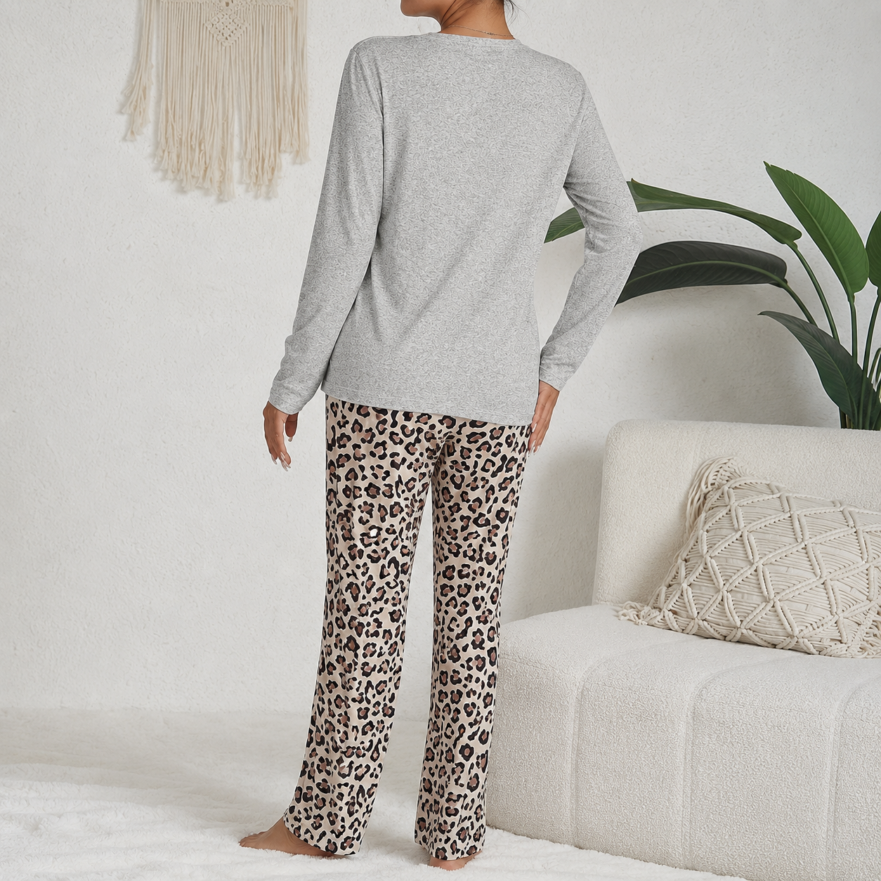 Casual Leopard Long Sleeve Pajama Set For Women