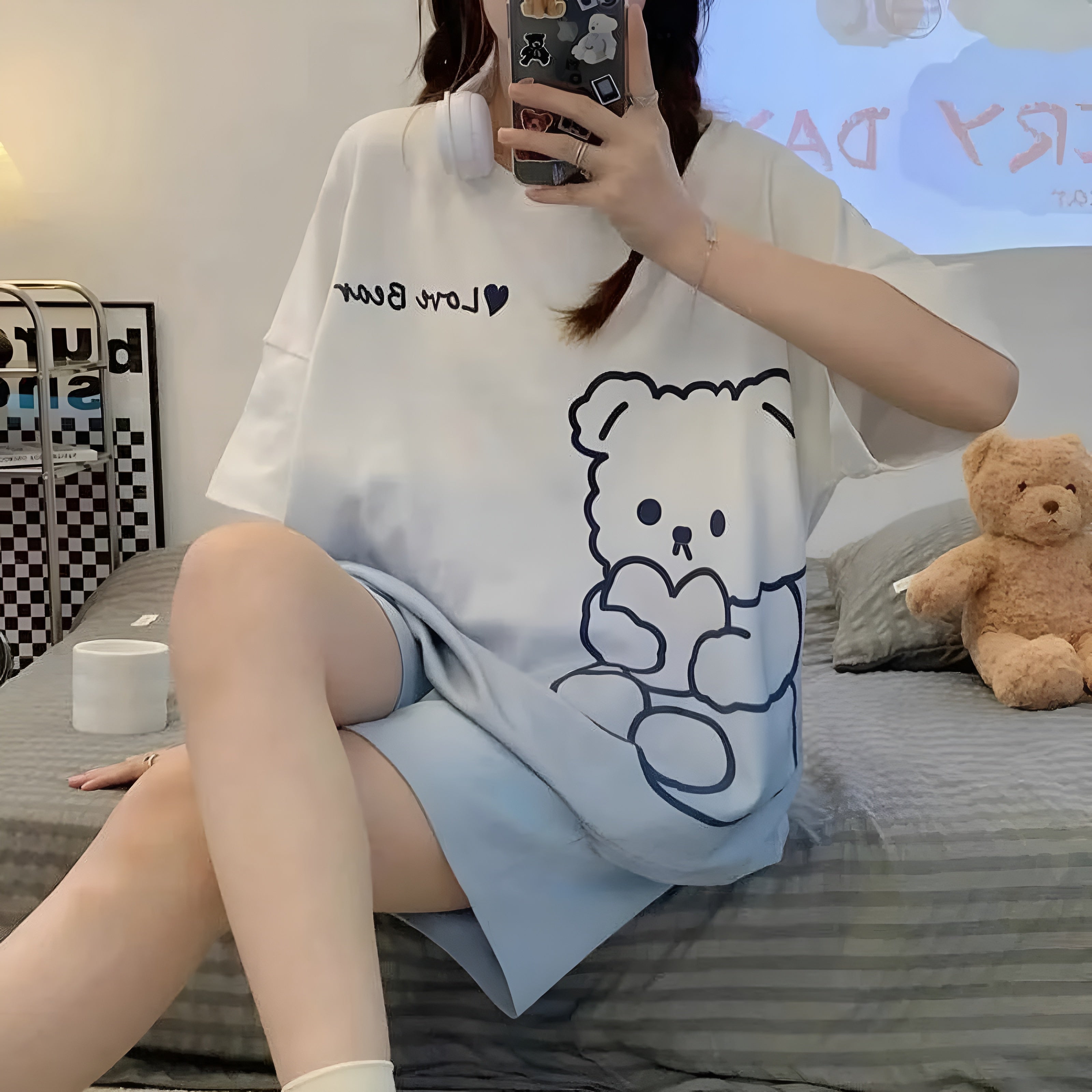 Bear Print 2 Piece Pajama Set With Oversized Top And Shorts-Original Pajamas