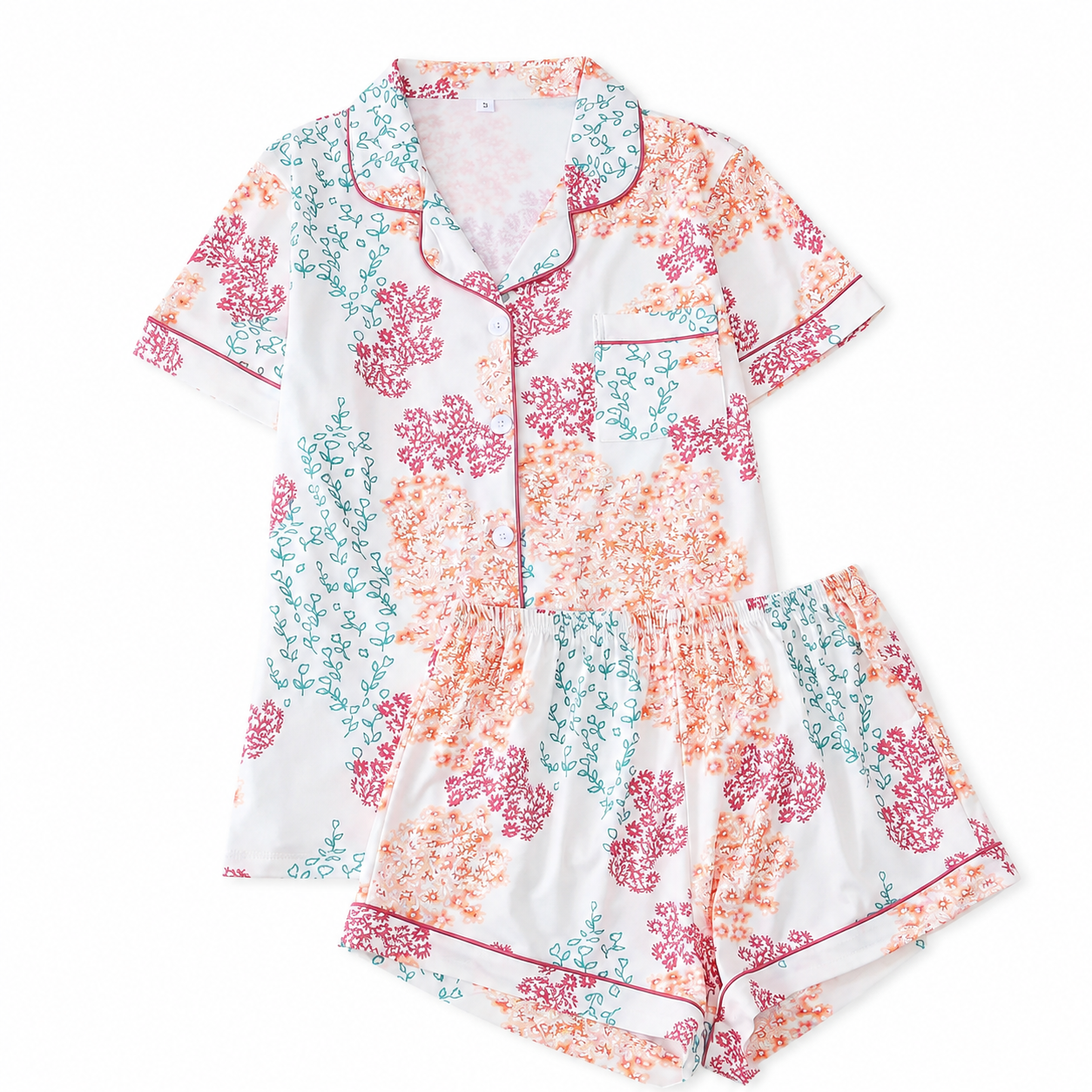 Two Piece Printed Pocket Shirt And Elastic Waist Shorts Set For Women