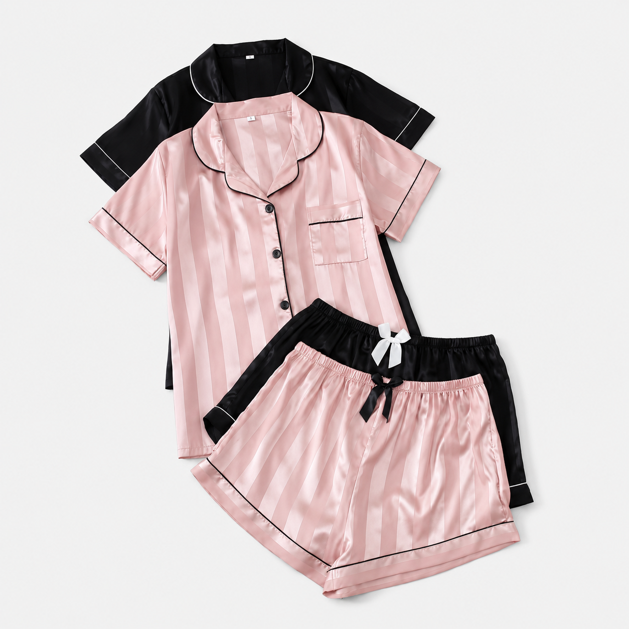 Two Piece Striped Satin Button Top And Shorts Pajama Set For Women