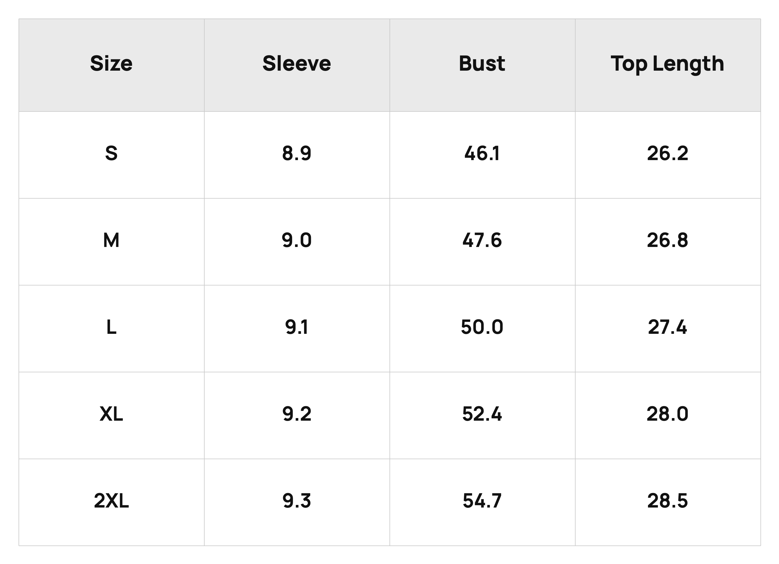 Size Chart Top