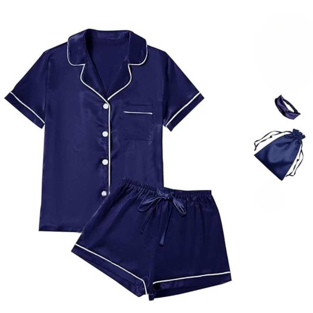 4Pcs Womens Satin Silky Short Sleeve Shirt Pajamas Set