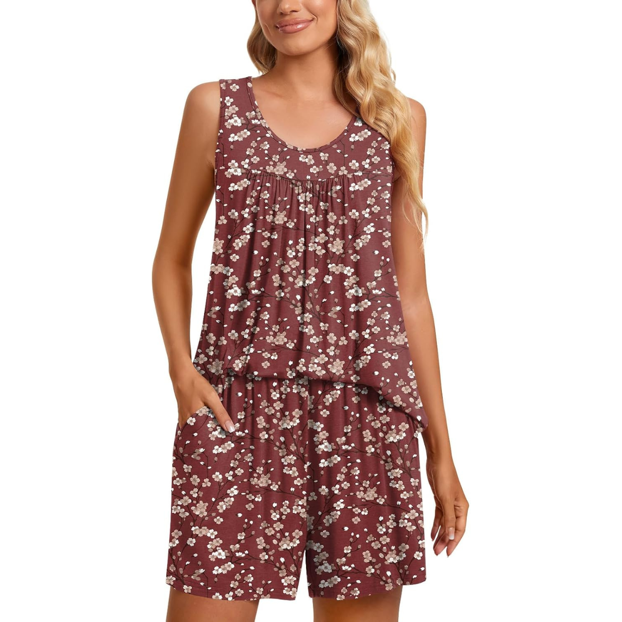 2 Piece Sleeveless Pajama Set With Pockets For Women