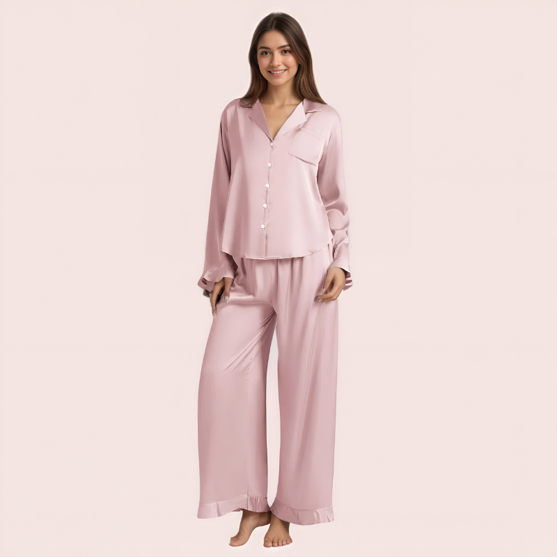 Ruffled Satin Long Sleeve Pajama Set