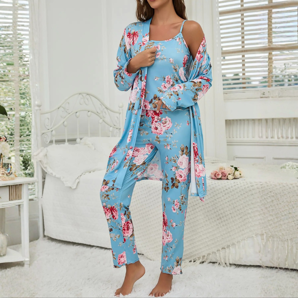 3 Piece Floral Print Pajama Set With Cami Top And Matching Pants