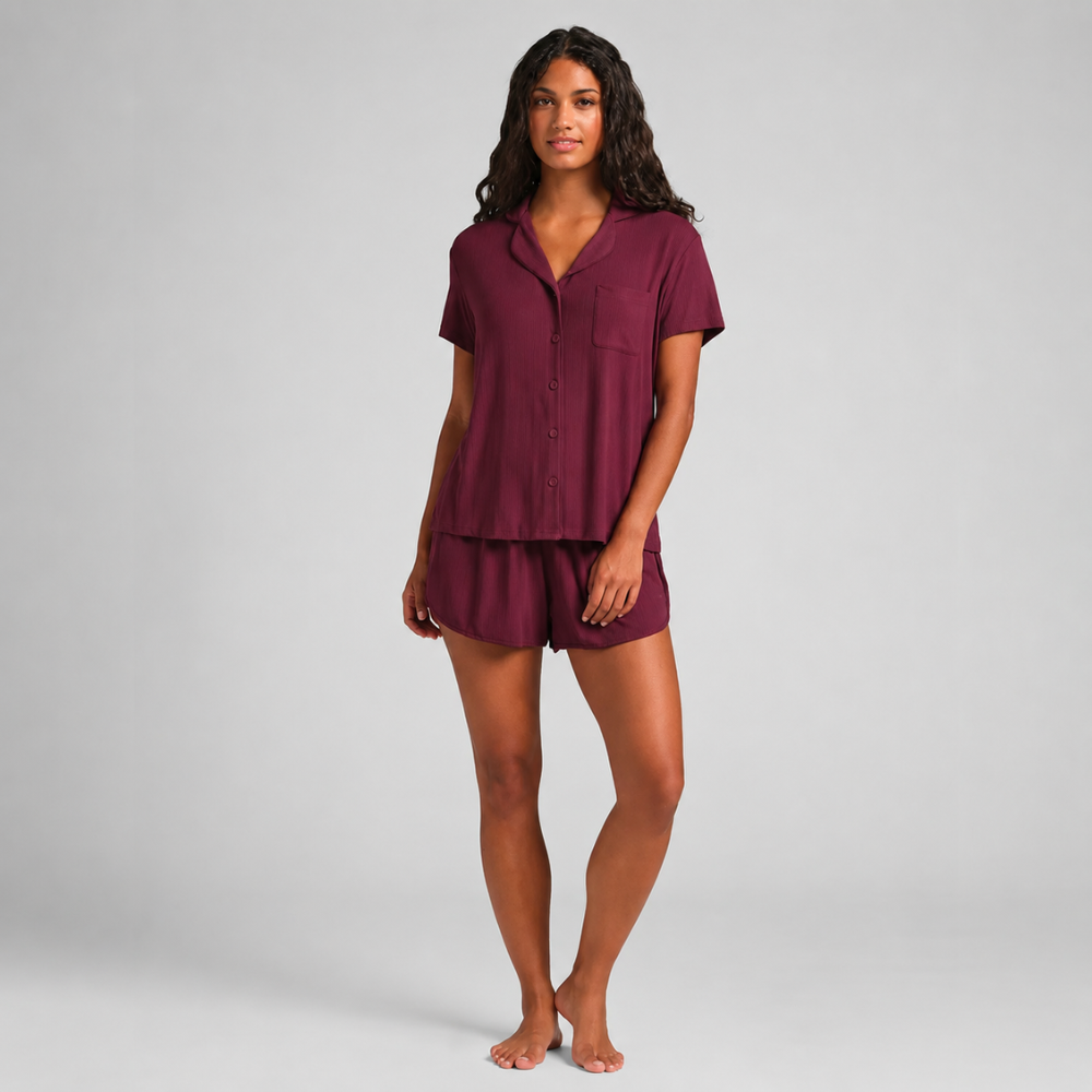 Soft Ribbed Short Sleeve Pajama Set For Women