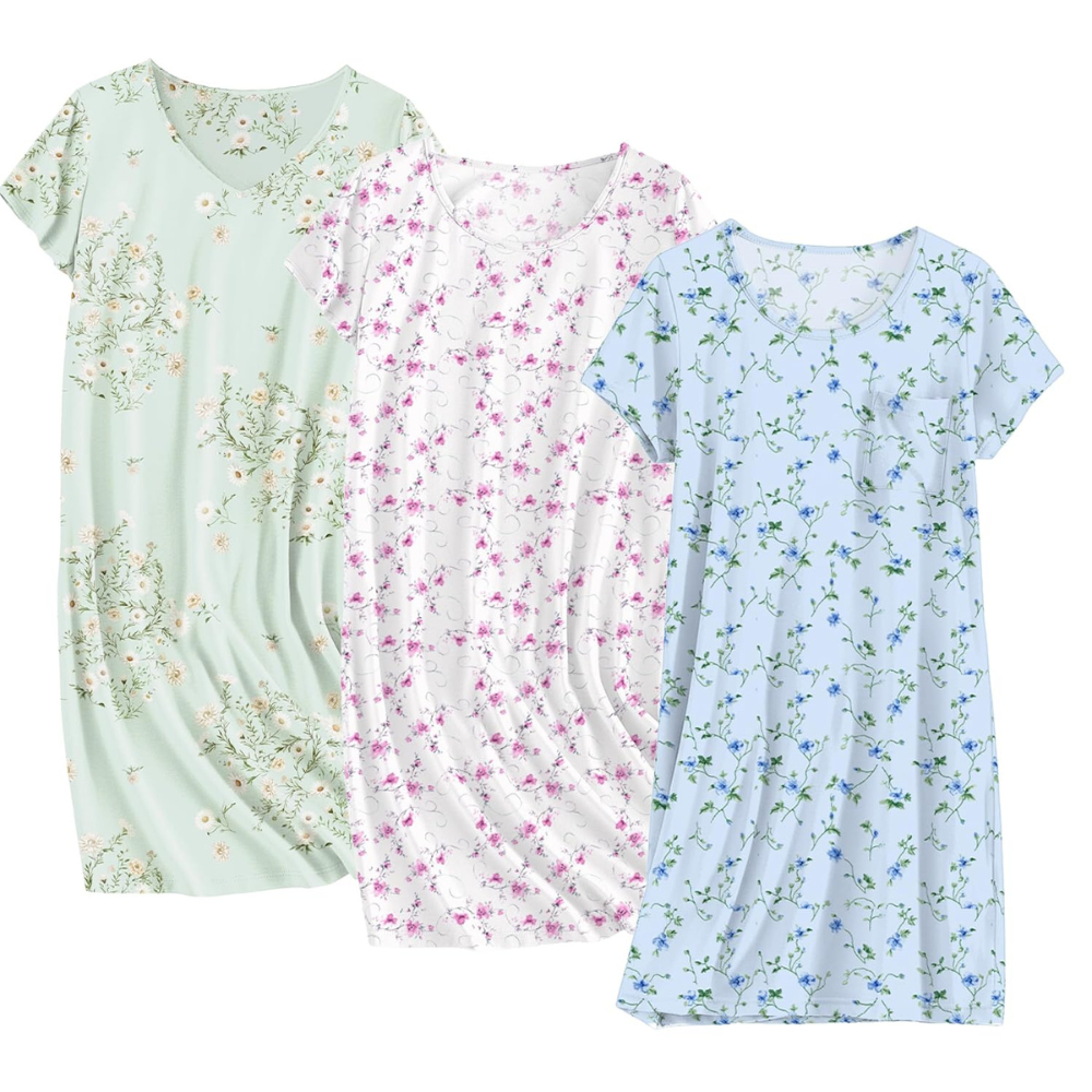 Pack Of 3 Soft Short Sleeve Sleepwear Dresses for Wo