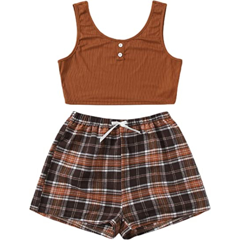 Women's 2 Piece Sleeveless Button Crop Tank Tops & Shorts Lounge Set-Original Pajamas