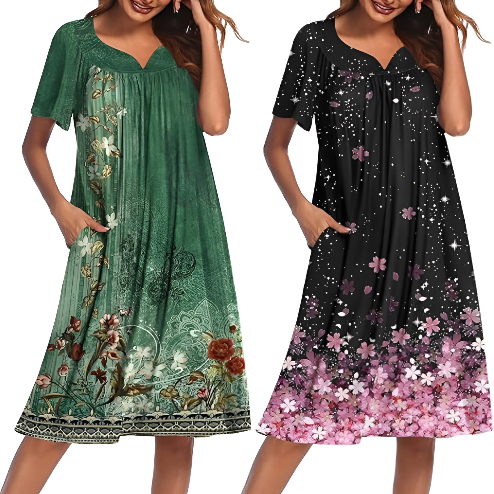 Pack Of 2 Casual House Dresses For Women With Pockets And Floral Print