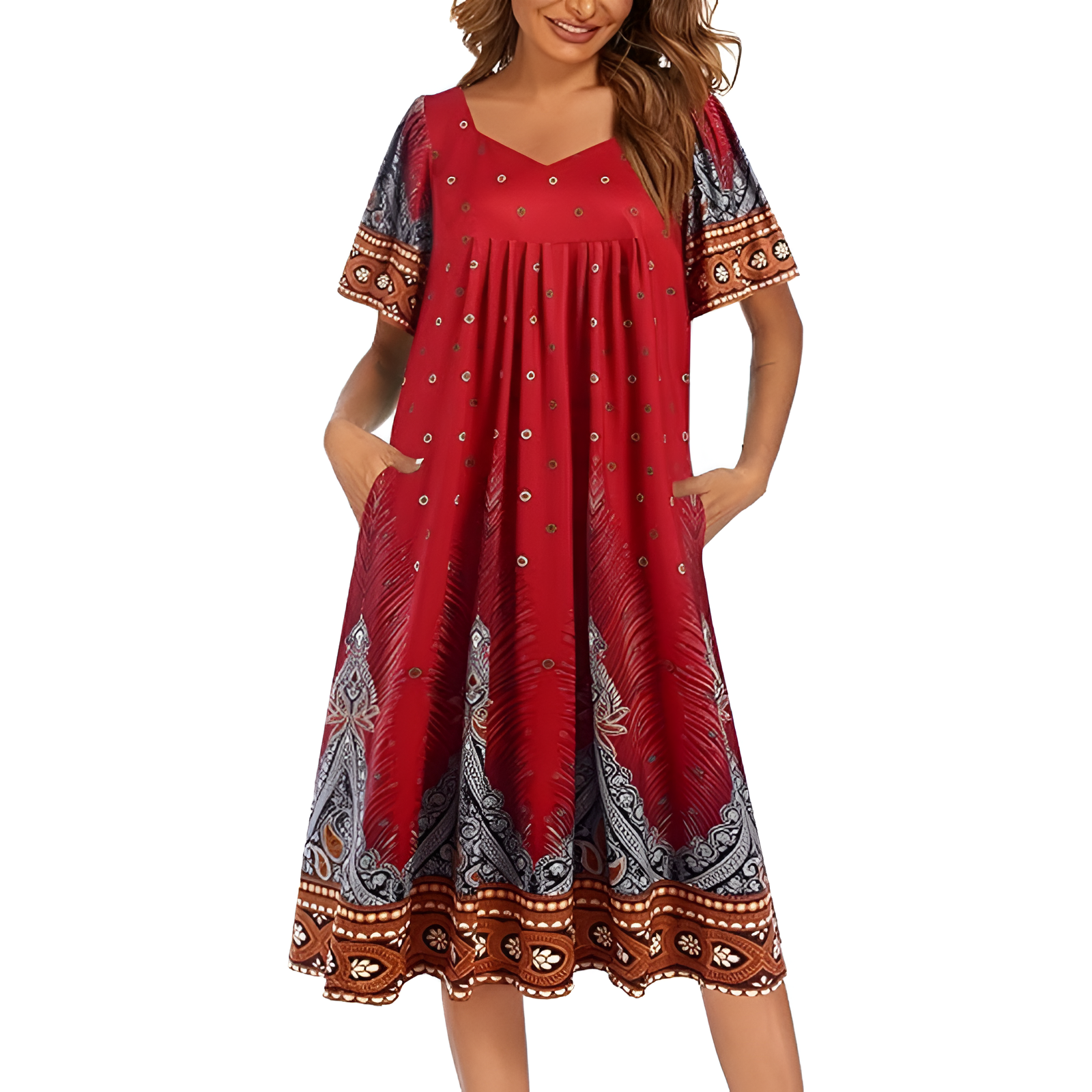 Pleated Nightgown With Short Sleeves And Pockets For Women
