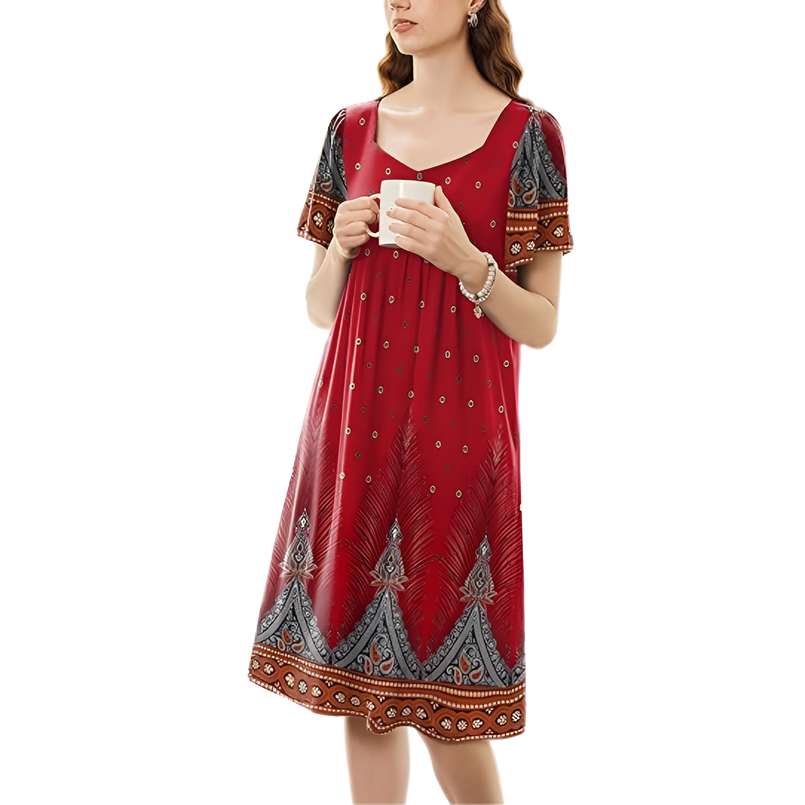 Pleated Nightgown With Short Sleeves And Pockets For Women