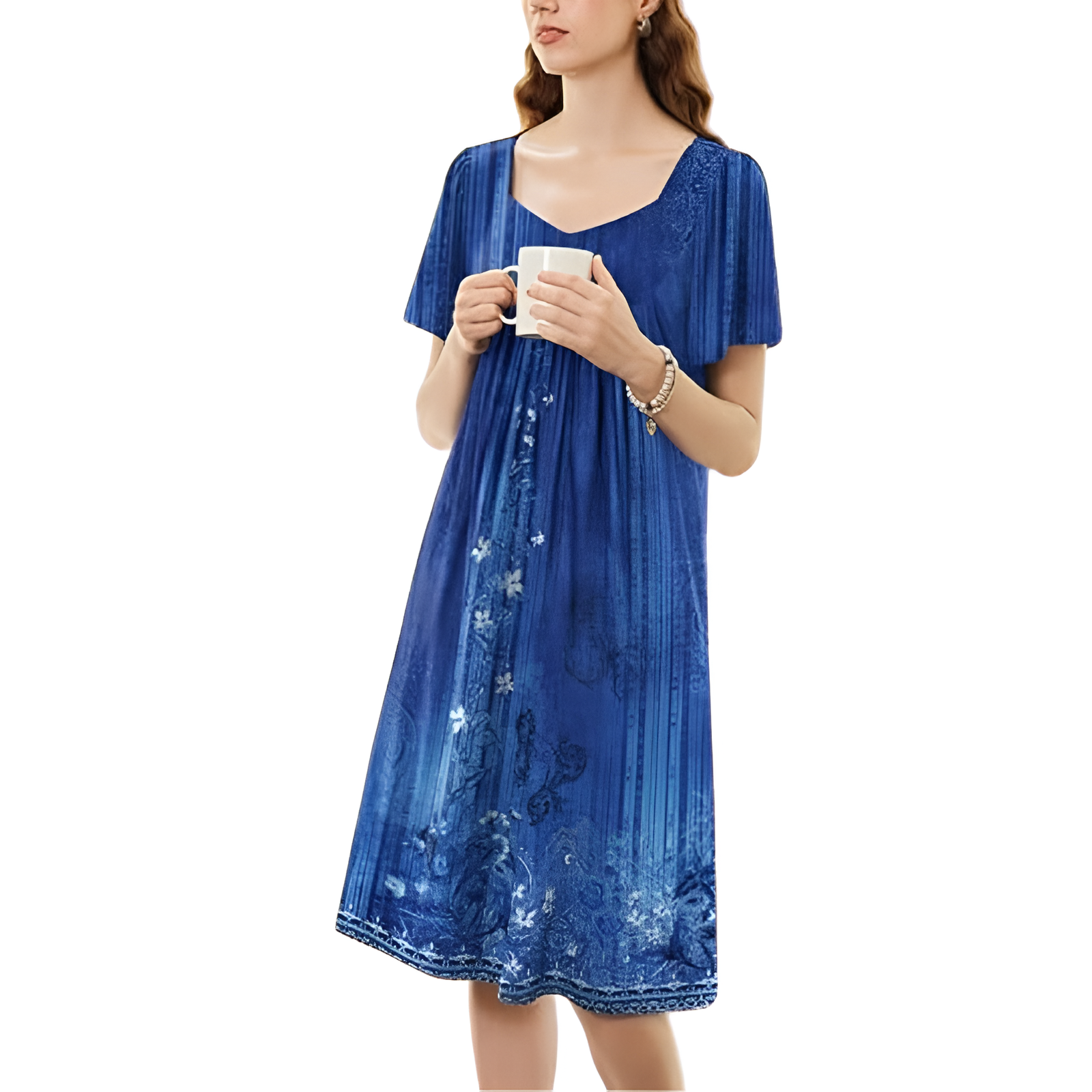Pleated Nightgown With Short Sleeves And Pockets For Women