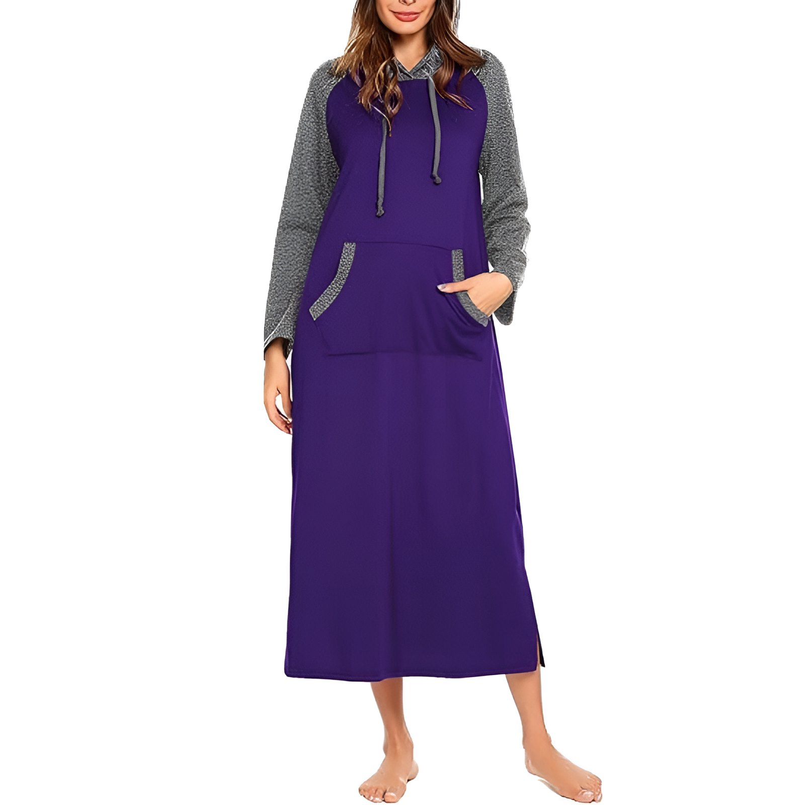 Hooded Nightgown Long Sleeve Full Length Loungewear With Pocket For Women