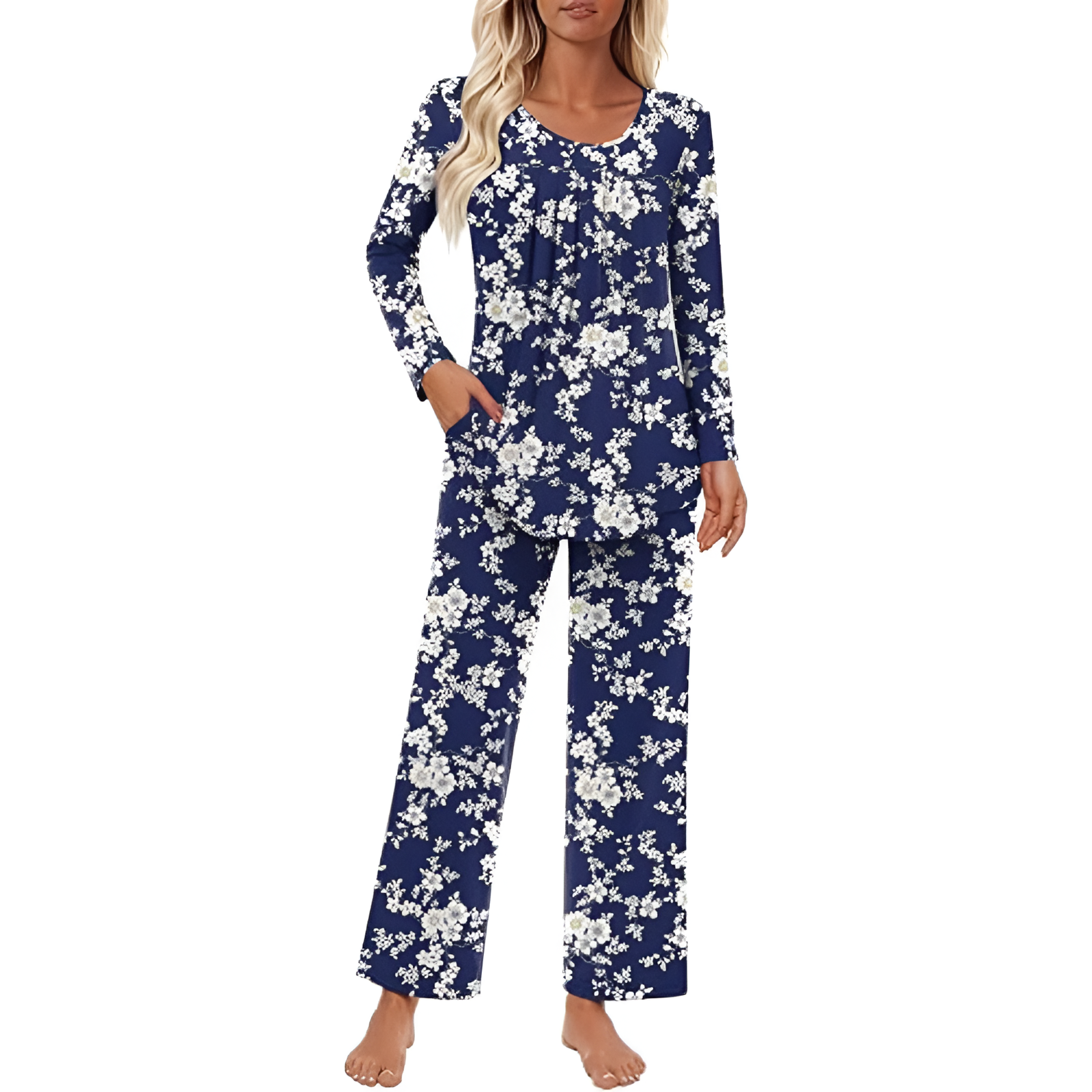 Long Sleeve Top And Loose Pants Two Piece Matching Pajama Set For Women