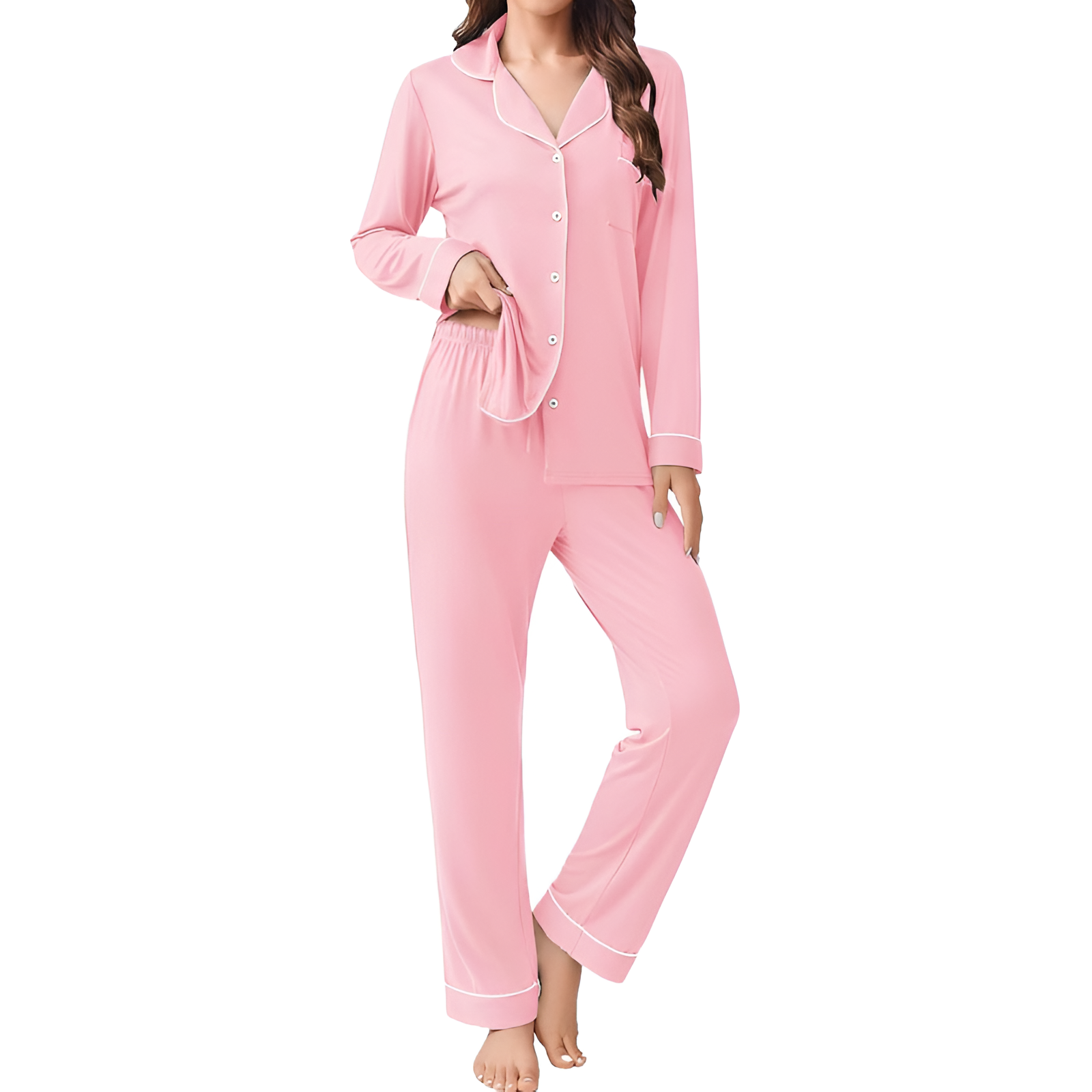 Long Sleeve Button Front Top Two Piece Pajama Set With Pants For Women