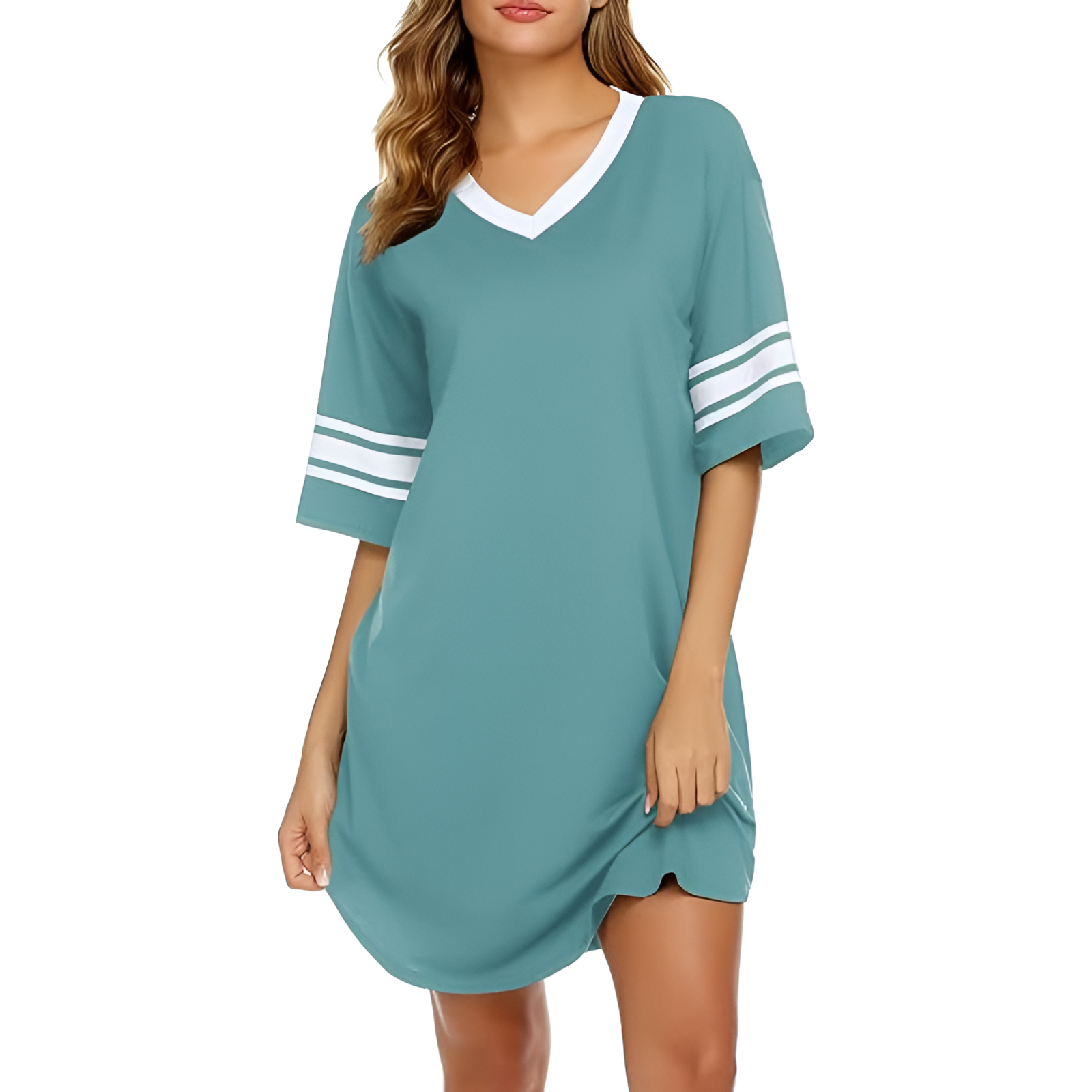 Nightgown Sleepwear With Short Sleeves And Color Block For Women