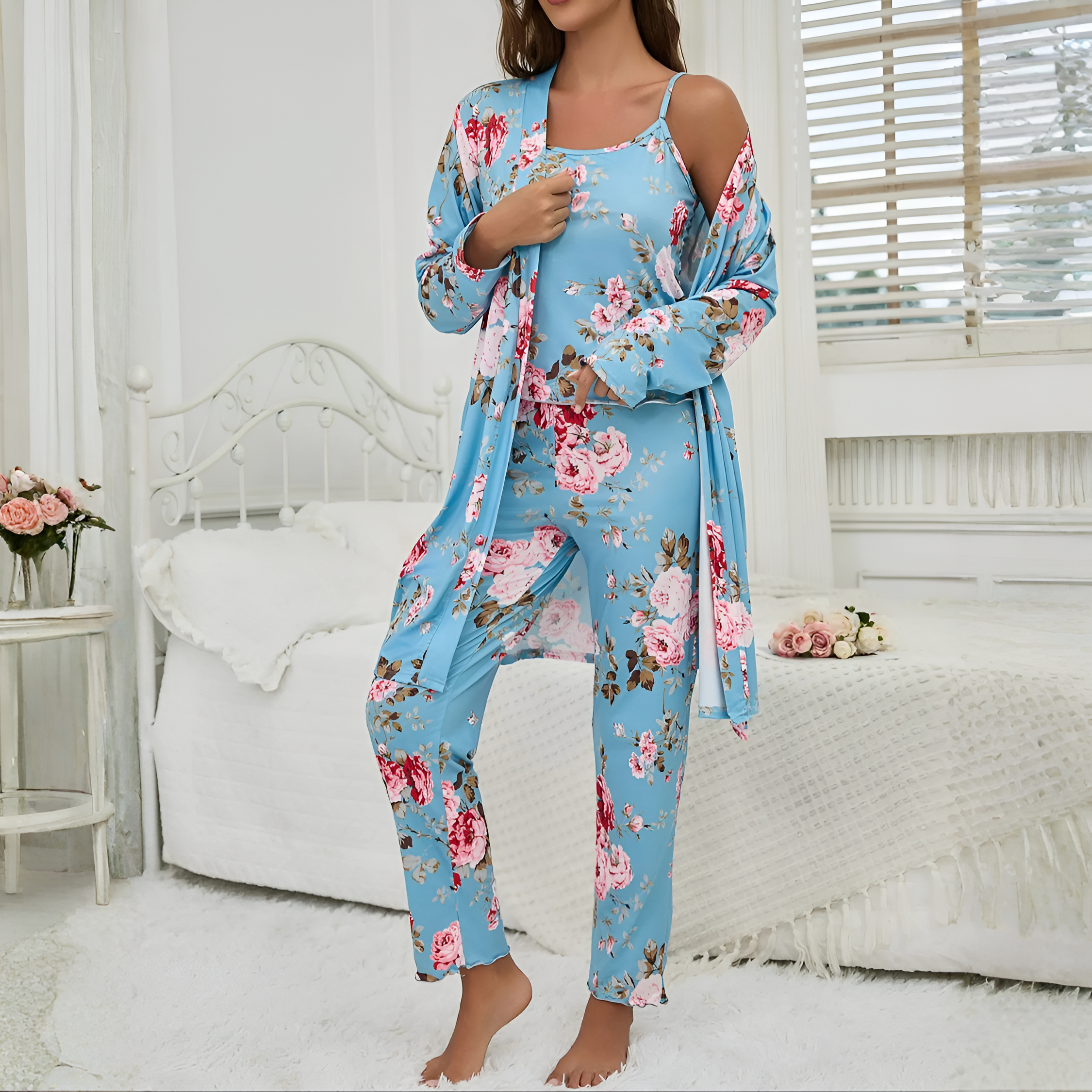 3 Piece Of Floral Print Sleepwear Pajama Set With Robe Cami And Pants For Women