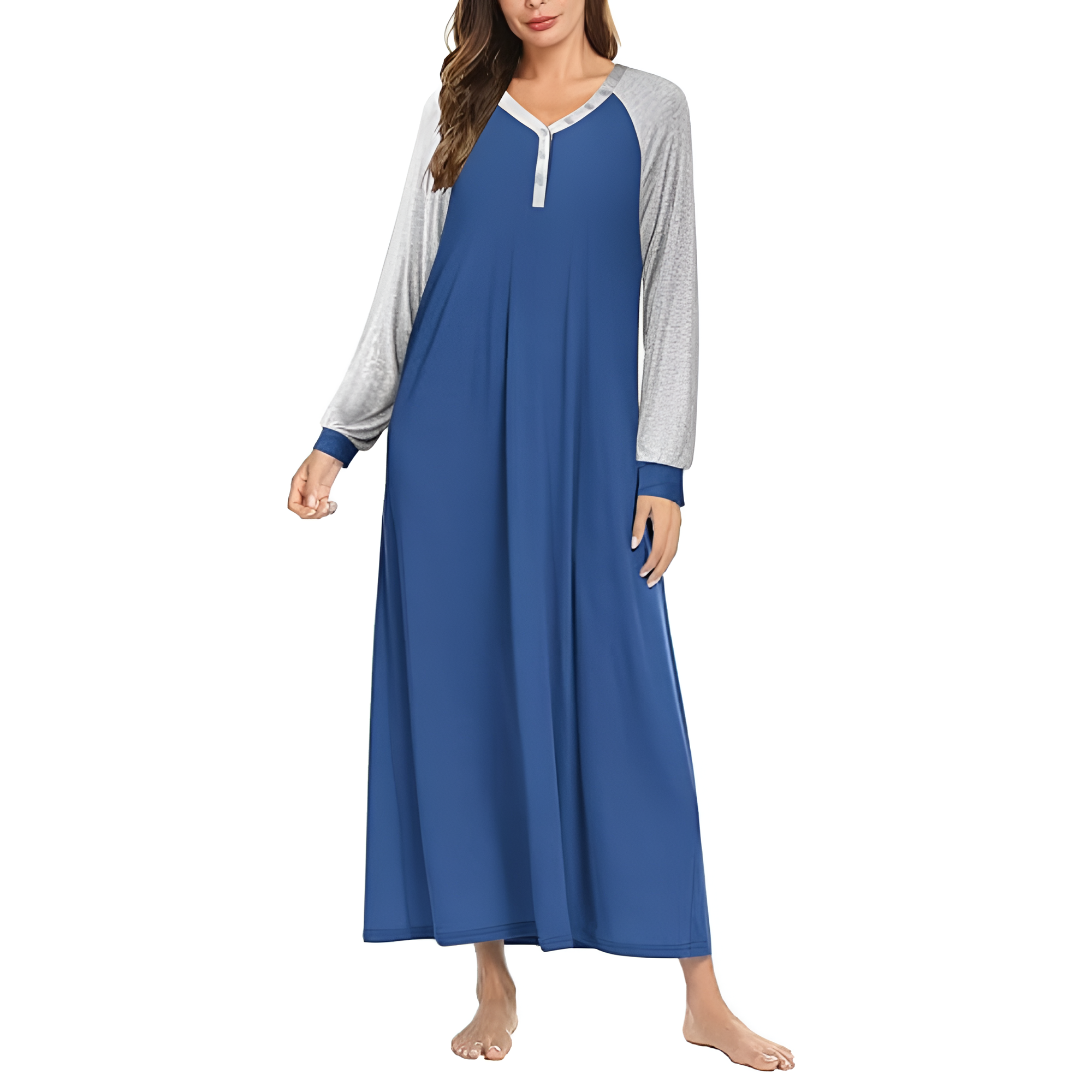 Long Sleeve Plaid Nightgown Button Front Sleep Dress For Women