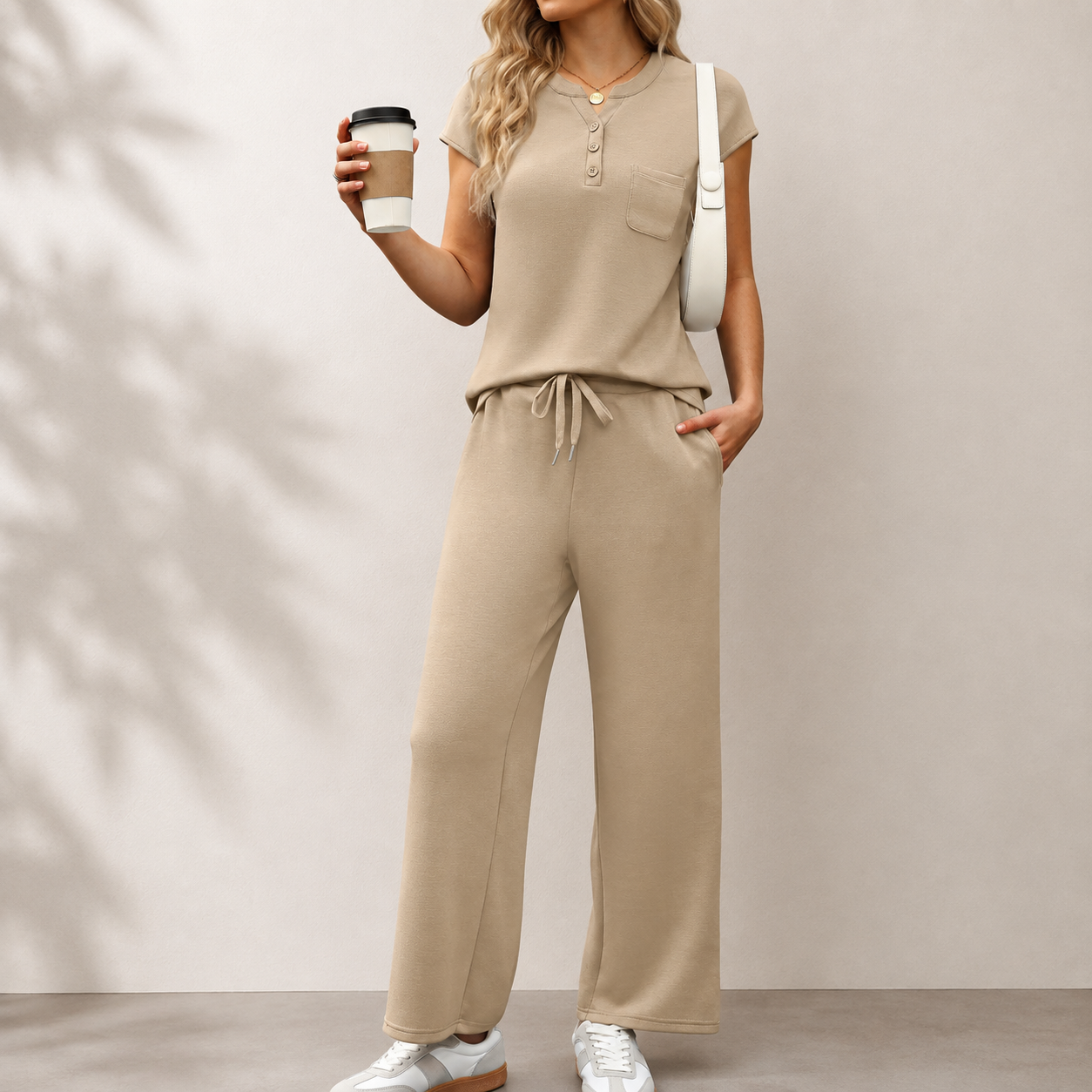 2 Piece Minimalist Loungewear Set With Button And Drawstring For Women