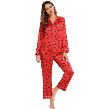 Long Sleeve Printed Button Down Satin Pajama Set-Original Pajamas