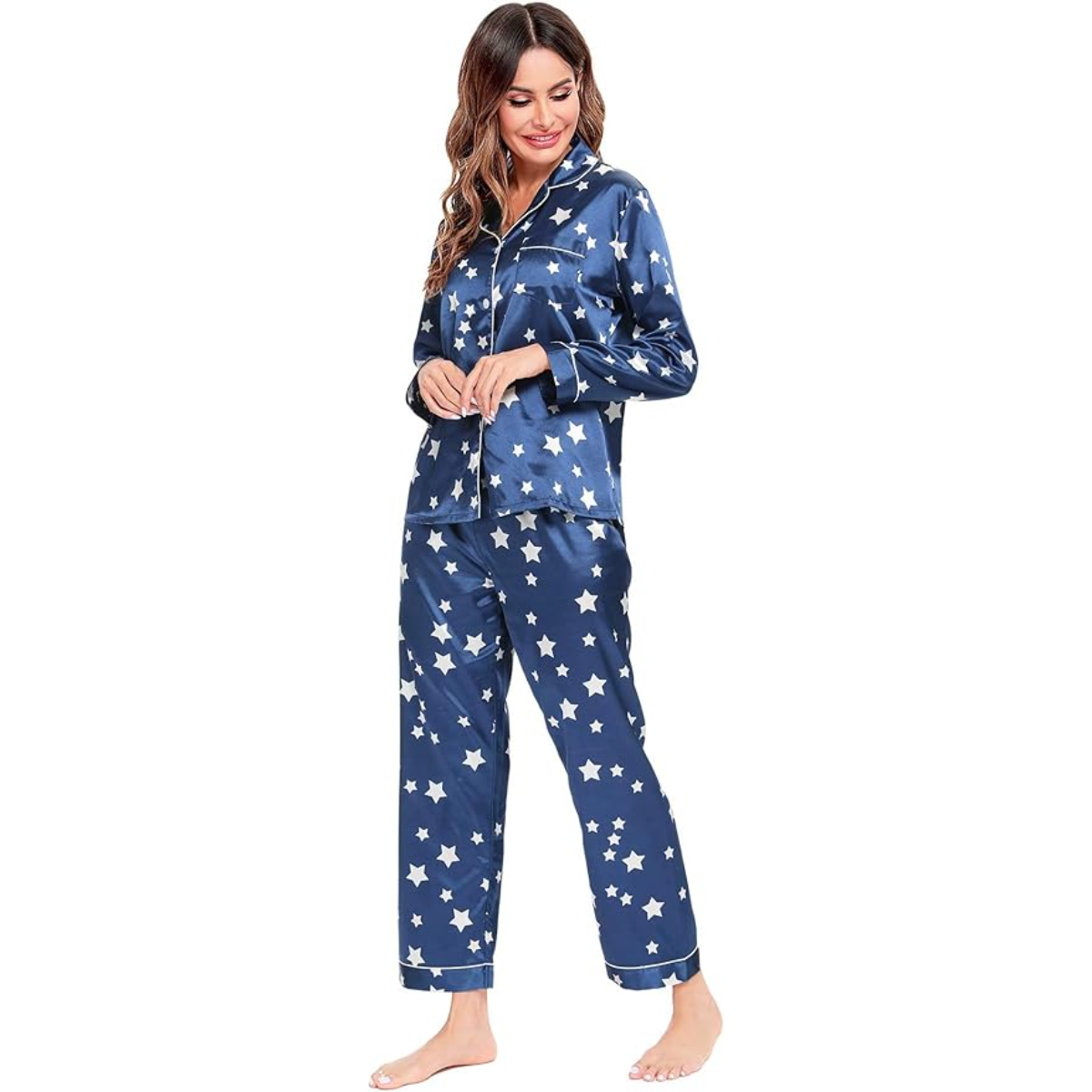 Long Sleeve Printed Button Down Satin Pajama Set-Original Pajamas