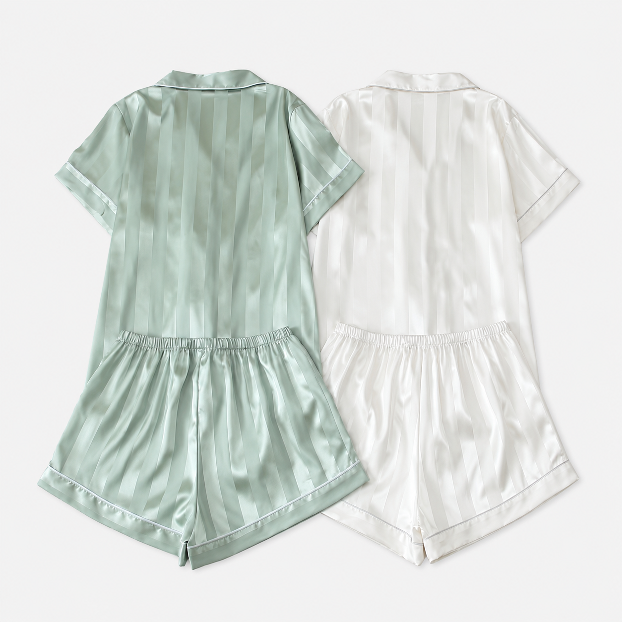 Two Piece Striped Satin Button Top And Shorts Pajama Set For Women