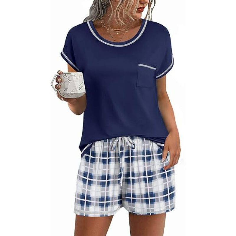 Short Sleeve Contrast Piping Pajama Set With Pocket-Original Pajamas