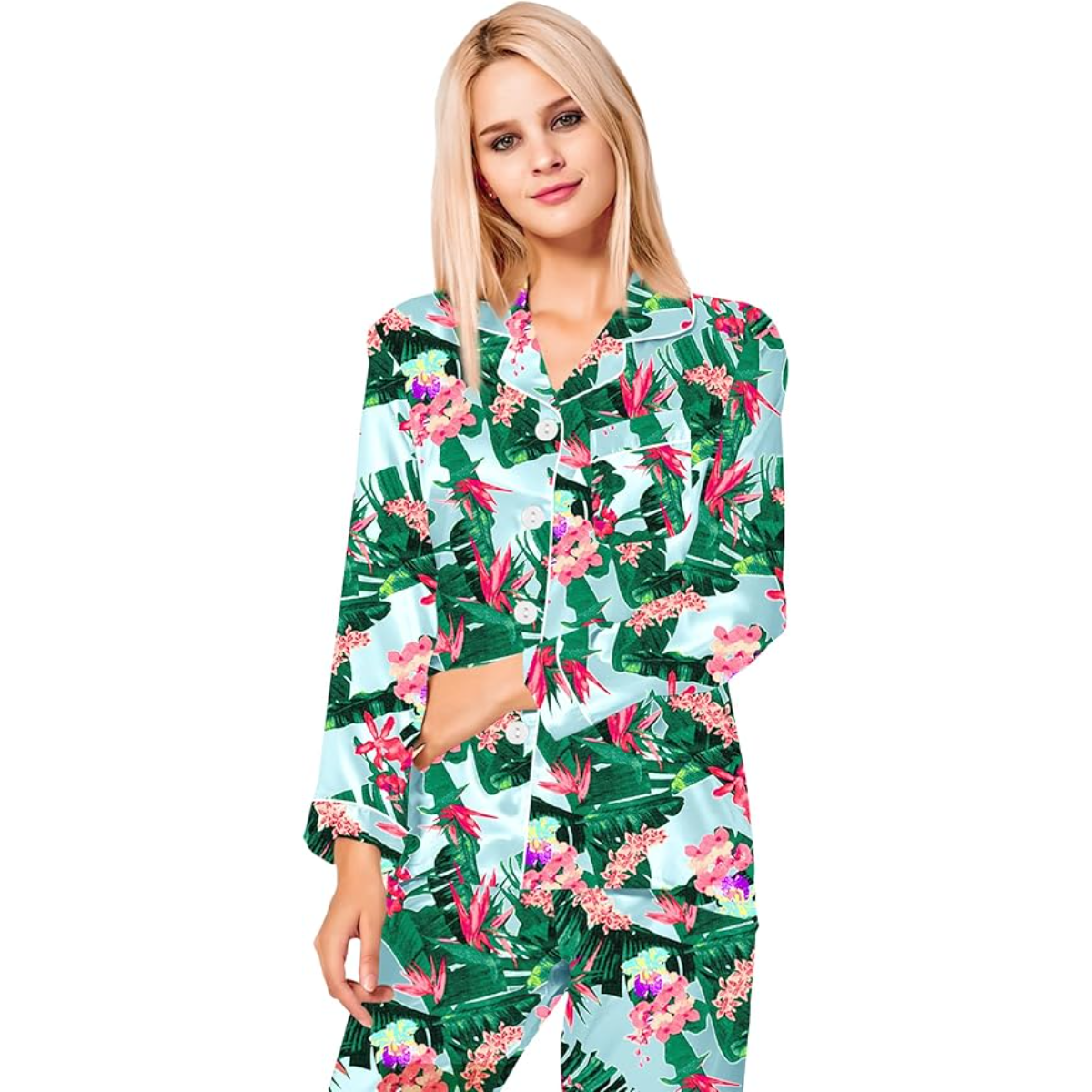 Long Sleeve Printed Button Down Satin Pajama Set-Original Pajamas