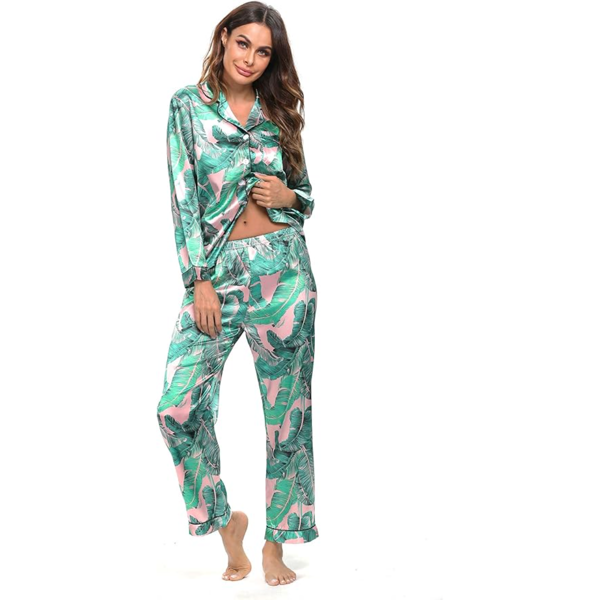 Long Sleeve Printed Button Down Satin Pajama Set-Original Pajamas