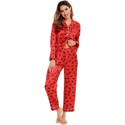 Long Sleeve Printed Button Down Satin Pajama Set-Original Pajamas