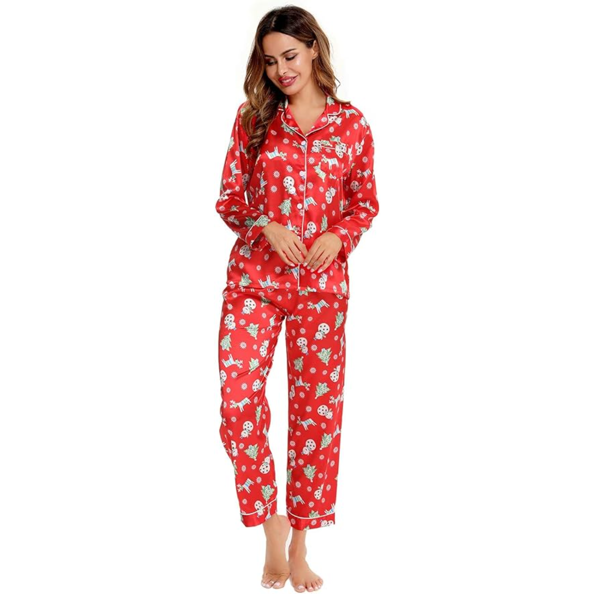 Long Sleeve Printed Button Down Satin Pajama Set-Original Pajamas