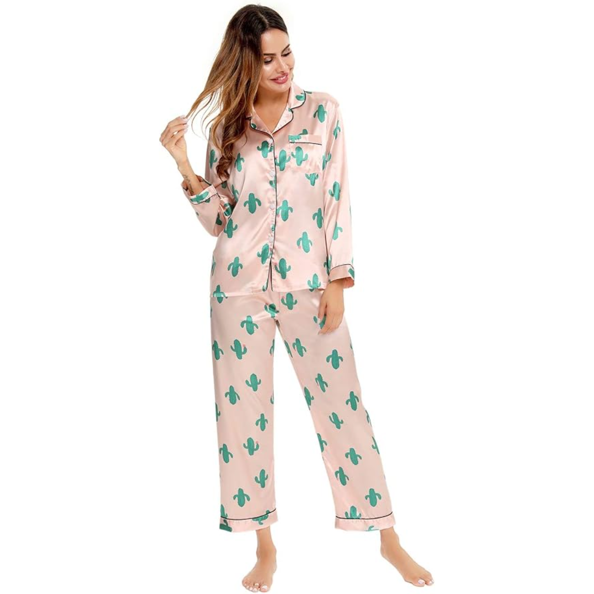 Long Sleeve Printed Button Down Satin Pajama Set-Original Pajamas