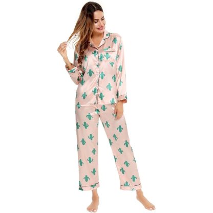Long Sleeve Printed Button Down Satin Pajama Set-Original Pajamas