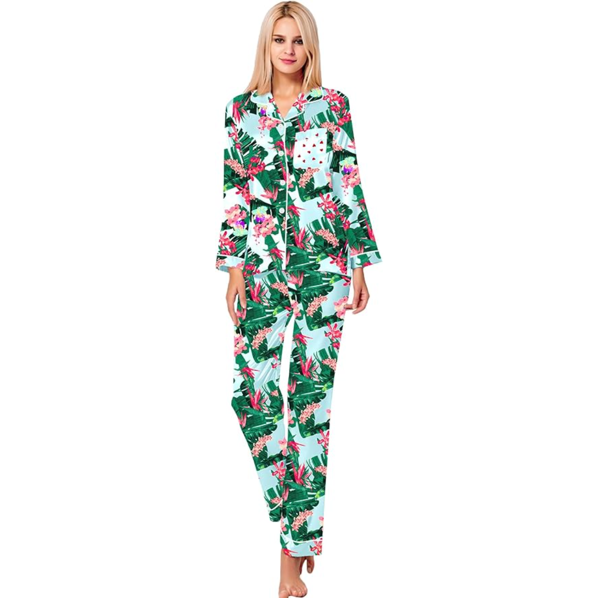 Long Sleeve Printed Button Down Satin Pajama Set-Original Pajamas