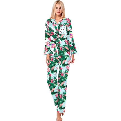 Long Sleeve Printed Button Down Satin Pajama Set-Original Pajamas