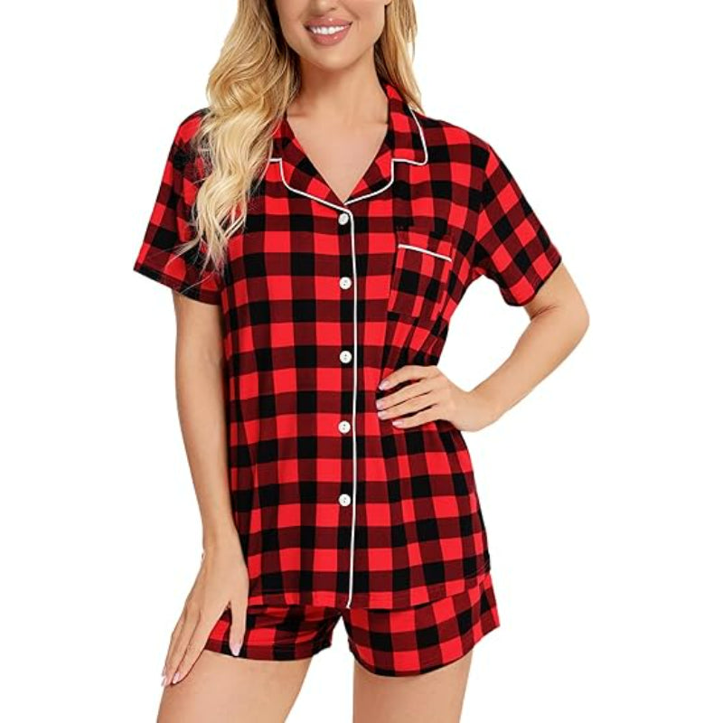 Plaid Print Short Sleeve Button Down Sleepwear Set-Original Pajamas