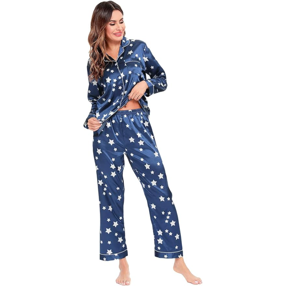 Long Sleeve Printed Button Down Satin Pajama Set-Original Pajamas