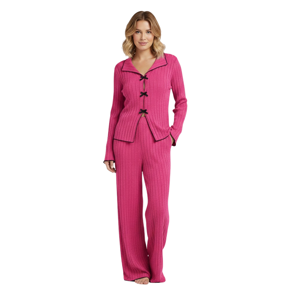 Ribbed Knit Pajama Set With Lapel Collar And Bows For Women