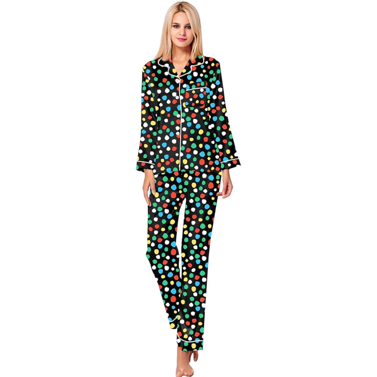 Long Sleeve Printed Button Down Satin Pajama Set-Original Pajamas