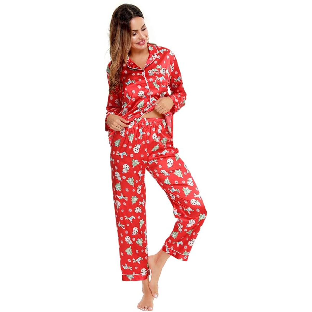 Long Sleeve Printed Button Down Satin Pajama Set-Original Pajamas