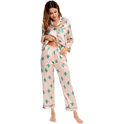 Long Sleeve Printed Button Down Satin Pajama Set-Original Pajamas