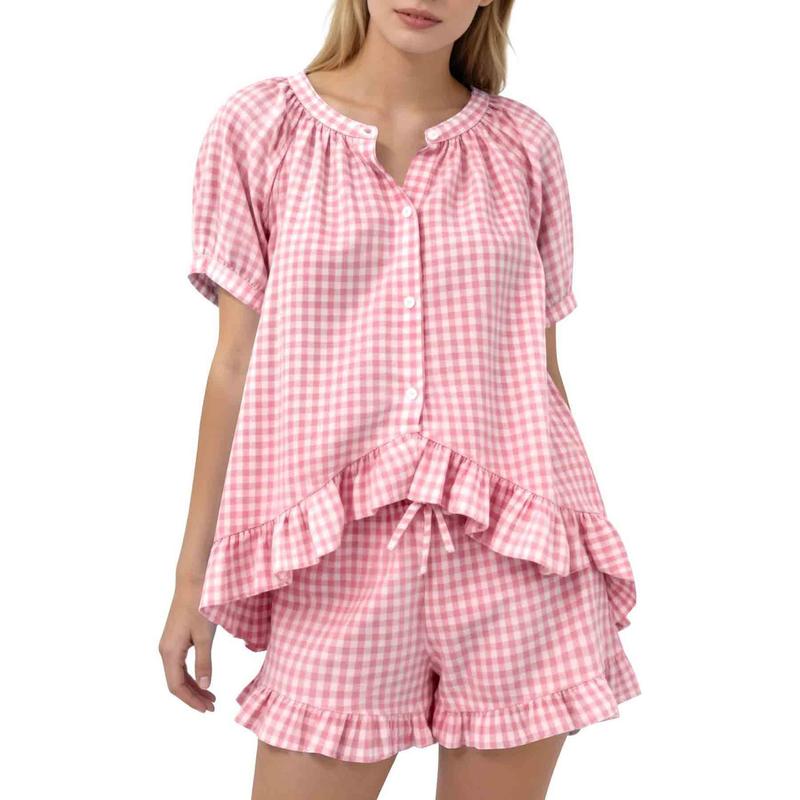 Ruffle Shirt And Plaid Shorts Two Piece Outfit Set