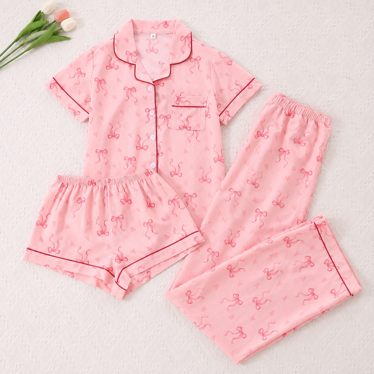 Casual Sleepwear 3 Piece Front Top Pajama Set With Button For Women