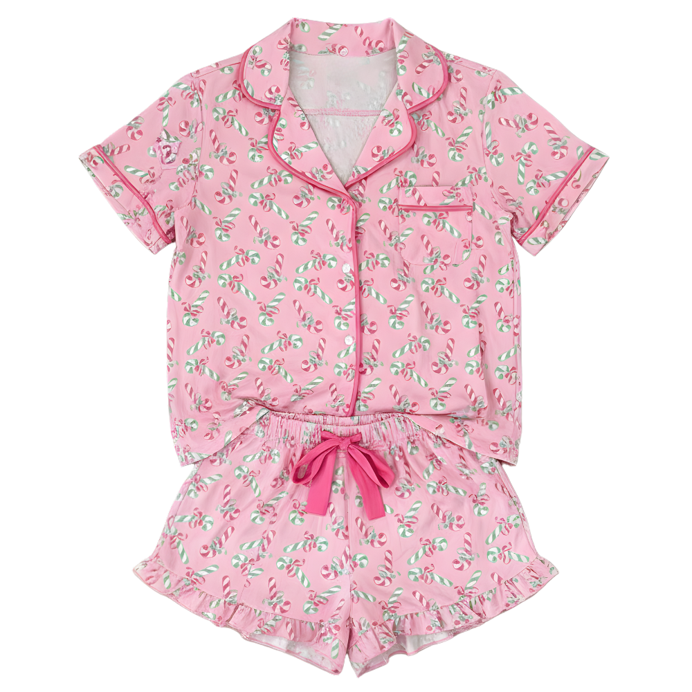 Christmas Candy Cane Print Pajama Short Set For Women