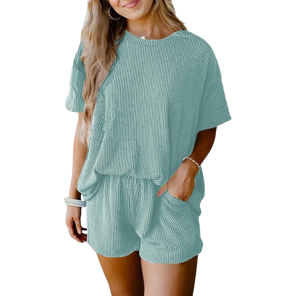 Ribbed Lounge Set Short Sleeve Top And Shorts with Pockets